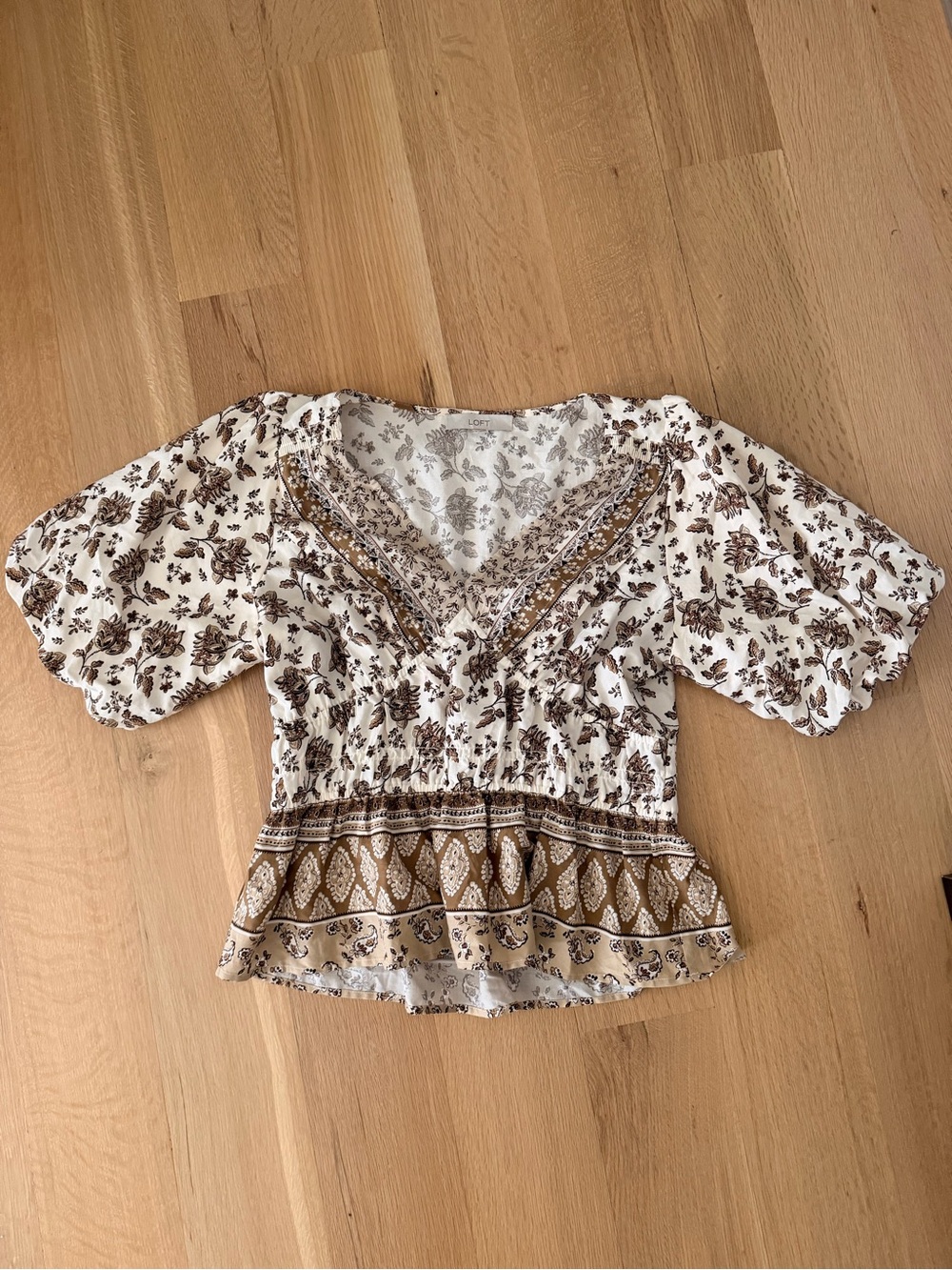 LOFT Cream and Brown Floral Peasant Blouse